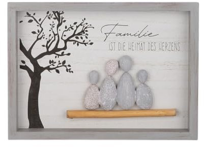 CULT at home Deko Bild Heimat Familie – Steinbilder Bilder Sprüche mit Rahmen Querformat – Kiesel Stein Optik - mit Spruch Lettering – Picture Breite 33 cm x Höhe 24 cm – Grau Weiß