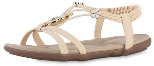 VAN HILL Damen Riemchensandalen Flach Zierperlen Trendy Schuhe 217473 Beige 41