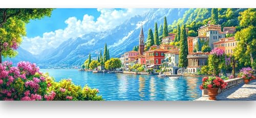 Bimkole 5D DIY Grand Diamond Painting Kits Paysage, Ville Au Bord Du Lac Broderie Diamant Kits De Broderie Au Point De Croix Strass Rond Résine Peinture Décor à La Maison 30x80 cm