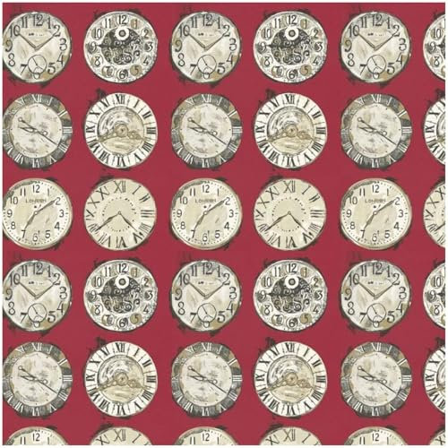 Vintage Inspired Clock Face Wallpaper - Bold Red Off White Gold - Assorted Timepieces London Detail - Unique Feature Wall Decor - Study Living Room - Paste The Wall - Durable Material Easy Application