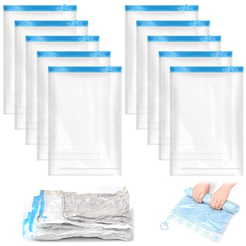 12 Stück Vacuum Bags, 35 x 50 cm Vakuum Kleiderbeutel, Vakuumbeutel Reise Zum Rollen, Reise Kompressionsbeutel Zum Einrollen, Ohne Staubsauger, Wiederverwendbar, für Reisen, Rucksack, Koffer