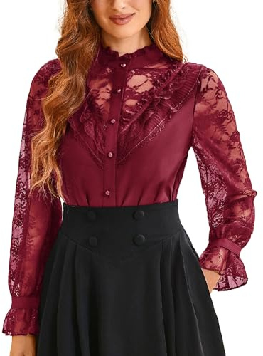 SCARLET DARKNESS Top da donna steampunk in pizzo a maniche lunghe, colletto alto, con volant, patchwork, Vinaccia, XL