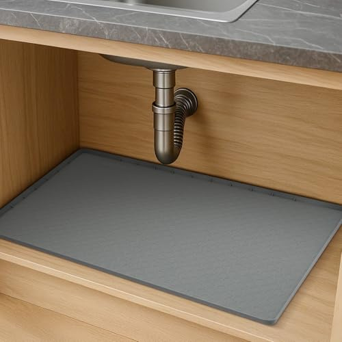 Y.H BLISSHAVEN Silicone Under Sink Mat, 34x22 Inch Waterproof Cabinet Protector Liner for Kitchen & Bathroom, Heavy Duty Drip Tray with 1 Raised Edge, Leak Proof Under Sink Mat, Grey