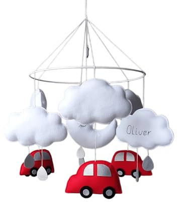 Personalisiertes Auto Baby Mobile – Rotes Auto Mobile fürs Babybett mit Name auf Wolke – Handgemachte Filz Babyzimmer Deko – Geschenk für Jungen – Baby Shower Geschenk