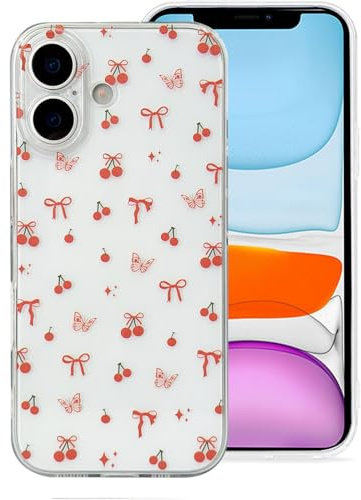 Skyhewen iPhone 16 Case, Clear Cute Red Bow Shockproof Phone Case for iPhone 16, Soft Slim Transparent TPU Silicone Protective Cover for Women Girls, Cherry Butterfly