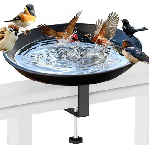 Nzkeuf Bain d'oiseaux Suspendu pour Balustrade de Balcon, 21cm, Mangeoire Suspendue, Abreuvoir en Fonte Mangeoire Oiseaux, Équipé de Pinces Réglables, Adaptées aux Jardins, Terrasses et Patios