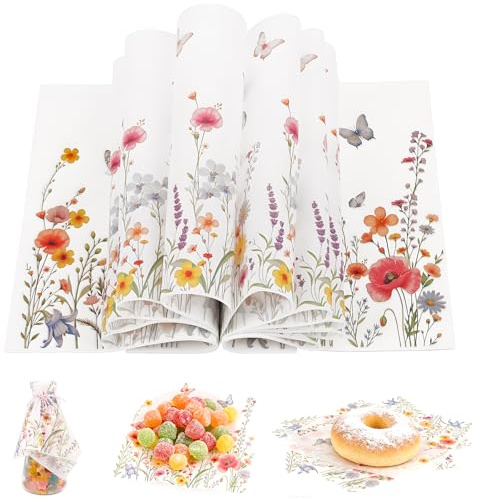 LOMIMOS 150 Blätter Wachspapier für Lebensmittel,Umweltfreundliches Backpapier mit Blumen zum Wasserdicht und Öl Nicht Klebrig Wachspapier für Kekse Hamburger Brot Kuchen Sandwiches