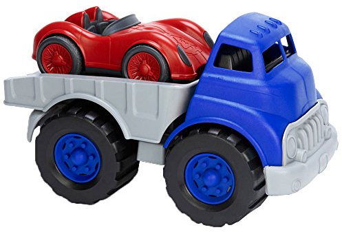 Green Toys 8671481, Tieflader mit Rennwagen, Transporter LKW, Abschleppwagen, nachhaltiges Spielfahrzeug für Kinder ab 12 Monaten