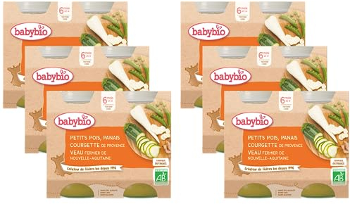 Babybio - Petits Pots Petits Pois Panais du centre-Val de Loire Courgette de Notre ferme Veau Fermier de Nouvelle Aquitaine 2x200 g - 6+ Mois - Lot de 6