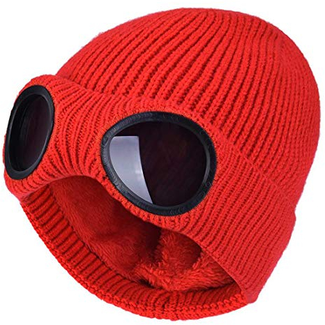 XRDSS Herren Goggle Beanie Gestrickte Winter Chunky Beanie Mütze rot einheitsgröße