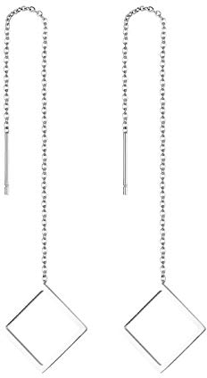 JewelryWe Quadrat Durchzieher Ohrringe Damen: Silber Edelstahl Einfädler Ohrringe Lange Kette Ohr Linie Hängend Quaste Ohrhänger Baumeln Tropfen Ohrringe Schmuck Geschenk für Frauen Mädchen