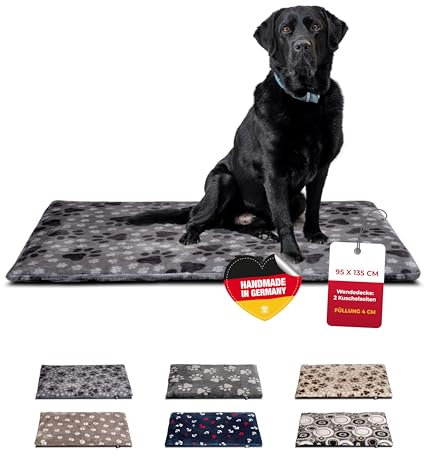 HS-Hundebett® Hundedecke XL (95x135 cm) – Wendbar & gemütlich Dank 3 cm Füllung – Perfekt fürs Sofa, Auto & Hundebox – Pfote Grau, Made in DE