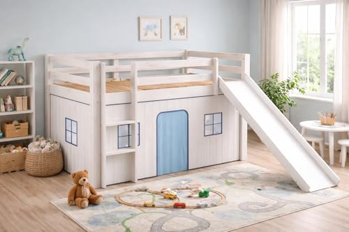Vep Home Kinderhochbett mit Rutsche und Leiter, natürliches Kiefernholz, Kinderbett mit Schutzleisten, Maße 98 x 198 x 108,5 cm, Lattenrost inklusive, Weiß