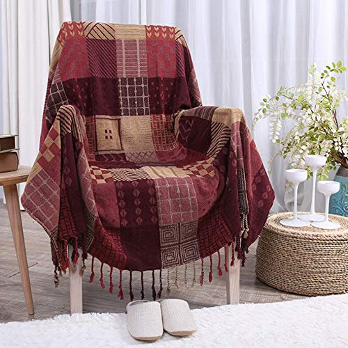 SHANNA Überwurfdecke aus Chenille, Vintage-Jacquard-Fransen, doppelseitig, Patchwork-Decke, warm, dekorativ für Zuhause, Büro, Reisen (Mehrfarbig B, 150 x 190 cm)