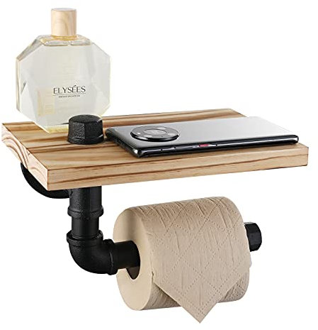 Livabber Industrial Pipe Toilet Paper Holder - Vintage Style DIY Wall Mount Roll Tissue Towel Holder for Bathroom Living Room and Kitchen (7 with Shelf, Black)