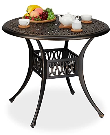Relaxdays Gartentisch mit Schirmloch, antike Optik, Aluminiumguss, H x D: 75 x 90 cm, runder Balkontisch, schwarz/Bronze
