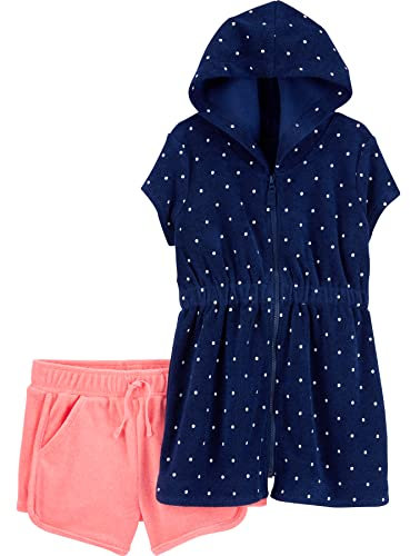 Simple Joys by Carter's Hooded Cover-up and Shorts Ensemble de Cache-Maillot de Bain, Bleu Marine Points/Rose, 4 Ans (Lot de 2) Garçon