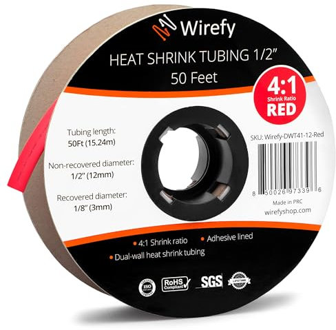 Wirefy Guaina Termorestringente 12,7 mm - Tubo Isolante 4:1 - Interno Adesivo - Rosso - Rotolo 15 m