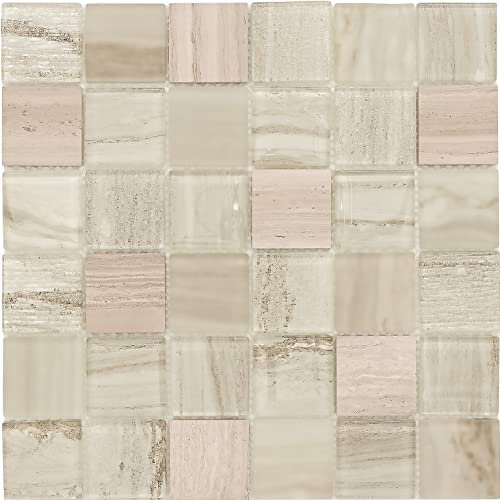 Tulip Glass and Marble Mosaic Tiles Sheet for Walls Floors Bathroom Kitchen (Full Sheet 30 x 30cm), Ivory