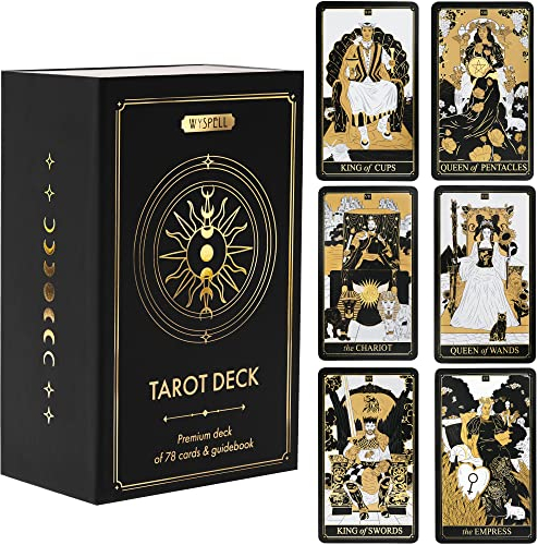 Wyspell Klassische Tarotkarten mit Leitfaden Buch - 78 Goldkarten für Anfänger - Schwarze Tarotdecks mit Ratgeber - Original Karten Deck mit Ratgeber