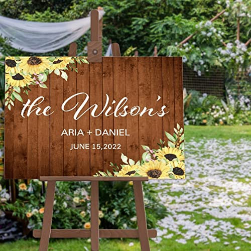 Letrero de bienvenida de boda personalizado de bienvenida a nuestra boda de madera letrero de boda vintage girasoles decoración floral cartel de madera de recepción de boda para ceremonia,