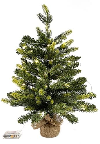 Rebecca Mobili Alberello Di Natale Da Tavolo Con Led, Albero Di Natale 60 cm, Montato, 50 Luci, 80 Rami, Base Rivestita Di Juta - Misure: 60 x 35 x 35 cm (HxLxP) - Art. RE6772