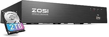 ZOSI 8CH 4K PoE NVR mit 2TB Festplatte, 8MP Videoüberwachung Recorder für 24/7 Aufnahme, Funktioniert nur mit ZOSI 4K/5MP/3MP/2MP HD PoE Kameras