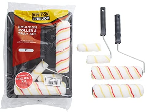 Fit for the Job FRRT003 Set di 7 rulli per pittura a emulsione, 2 x 9 pollici e 2 mini rulli per pittura, cornici e vassoio per pittura, coperture per rulli medi