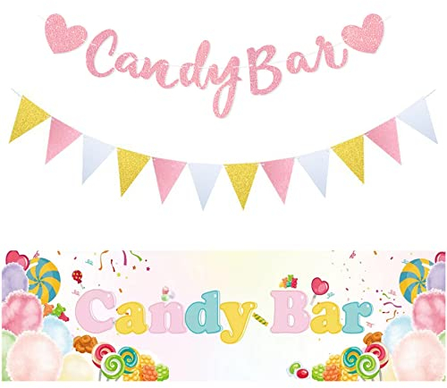 3er Set Candy Bar Banner Girlande Dreietige Wimpelkette Candy Bar Hintergrund Banner Rosa Papier Girlande Naschbar Candy Bar Zubehör Candy Bar Deko Set für Hochzeit JGA Candy Bar Party Feie