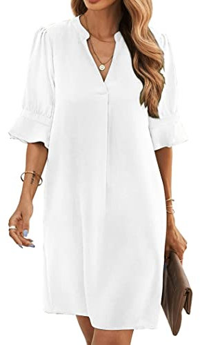 Famulily Vestido camisero de media manga con cuello en V para mujer, elegante, casual, color liso, S-XXL, blanco, XL