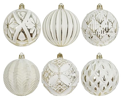 XmasExp Rustikale Weihnachtskugel-Ornamente-Sets, 8 cm, Kunststoff, Bauernhaus, Used-Look, Baumschmuck, bruchsicher, antiker traditioneller Stil, Weihnachtsdekoration, hängende Ornamente (Weißgold, 6