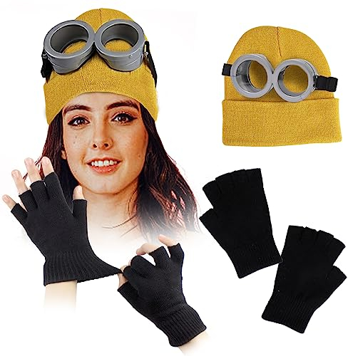 shengo Schutzbrille, Goggle Eyes Despicable Brille und Gelber Hut Schwarze Handschuhe für Weihnachten Halloween Festliche Party Kostüm, Fancy Dress Kostüm