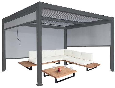 Alu Pergola HWC-L41 mit 3X Seitenwand, Lamellen-Pavillon, stabiles 8cm-Metall-Gestell 3x3,7m - anthrazit