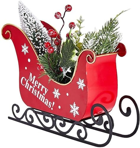 Bkrdty Décoration de Traîneau de Noël en Métal Traîneau de Noël Père Noël AVCE Lumière LED Mini Baies d'arbres et Branches de Conifères pour Décoration de Table de Noël