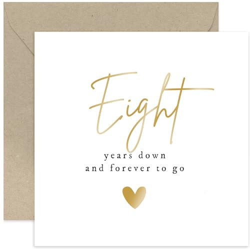Old English Co. Eight Years Down Forever To Go Wedding Anniversary Card for Husband or Wife - Special Gold Foil 8th Anniversary Celebration Card - Bronze Eighth Anniversary | Blank Inside Envelope