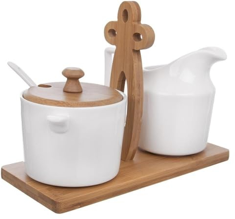 orion group Zuckerdose und Milchkännchen mit Holzständer Milch- und Zuckerset 3 El.