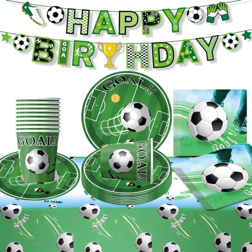 42 Pièces Football Vaisselle Set, Décorations de Fête de Football, Bannière Assiettes Tasses Serviettes Nappe, Fournitures de Fête d'Anniversaire pour Enfants -10 Invités (B)