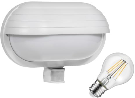 Maclean MCE33 Außen Wandleuchte mit LED Leuchtmittel, PIR Bewegungssensor 180° bis 9m und Dämmerungssensor, Garten Lampe Lampenfassung Lampenhalter E27 (Weiß, Wandleuchte + 8W LED Leuchtmittel)
