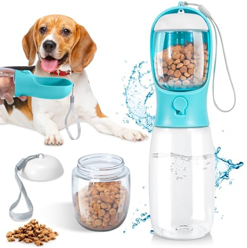 Bouteille à Boire pour Chien 550ML, avec récipient Alimentaire de 100g, Bouteille distributrice d'eau Portable avec Bouton de Verrouillage, Convient pour Le Camping et la randonnée (Bleu)