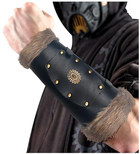 keland Kunstfell Wikinger Leder Armschienen Mittelalter Armschutz Armstulpen für Damen Herren LARP Zubehör, EIN Paar (A-Schwarz)