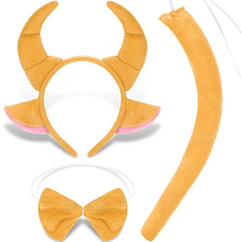 Luinabio 3 Stück Horn Kostüm Zubehör Inclusive Ochse Stier Horn Party Plüschtier Kopfbedeckung Ohren Stirnband Schwanz und Fliege für Karneval Geburtstag Ostern Welttag des Buches Anzieh (Erde Gelb)