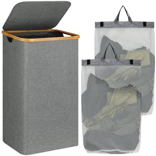POWZOO 110L Cesto Portabiancheria con Coperchio,2 borsa per la biancheria rimovibile,Cesto per Panni Sporchi,Pieghevole Cesta Panni Sporchi.per Bagno o Lavanderia Vestiti,Giocattoli,Grigio
