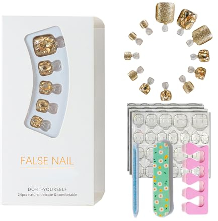 Fake Toe Nail Tips,24Pcs French False Toenails,Square False Toenails with Glue,Glitter Press on Toenail with Rhinestones,Stick On Toenail for Women Girls Nail Art (Golden, 134)