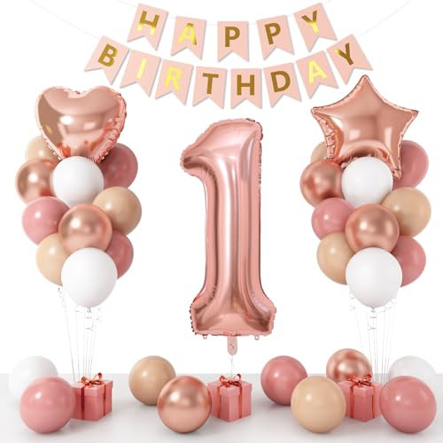 Boho 1st Birthday Decorations for Girls, Dusty Pink Rose Gold White Balloons with 40 Inch Number 1 Star Heart Foil Balloons Birthday Banner for 1 Year Old Groovy Anniversary Baby Shower Decor