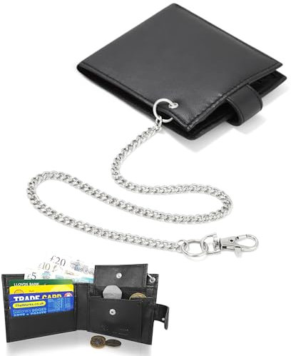 Woodland Leathers RFID Blocking Mens Wallets - Genuine Leather Wallets for Men with Secure Chain, RFID Protected and Coin Pocket, Biker-Style Black Wallet, Perfect Gifts for Men (Chain Wallet, Black)
