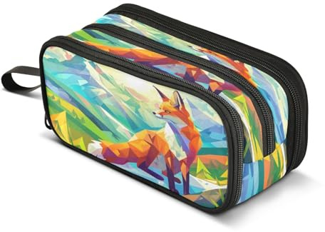 Mnsruu Federmäppchen mit geometrischem Fuchs, großes Fassungsvermögen, 3 Fächer, Beutelhalter, Schulbedarf, Jungen und Mädchen, mehrfarbig, Einheitsgröße, Taschen-Organizer