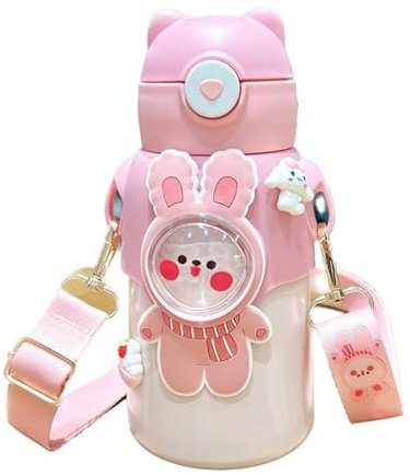 Feriany Botella térmica de 520 ml, botella con pajita para niños, vaso térmico de acero inoxidable 316