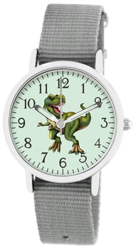 Brecjon Kinder Armbanduhr Jungen Jungenuhr Kids Dinosaurier T Rex Leucht Zifferblatt 5ATM Wasserdicht Textil Armband grau 5206