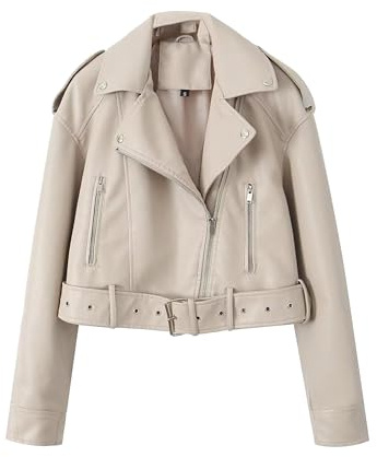 DGKaxiyaHM Women's Faux Leather Casual Short Coat Vintage Fashion Motorcycle Coat Jacket Blazer Collar Zip Up Coats (Apricot,M)