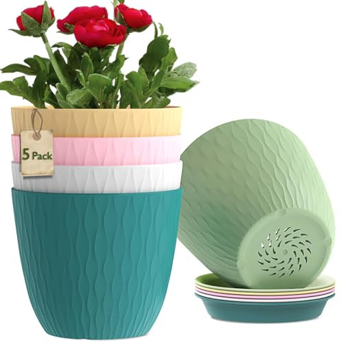 MUAEEOK 18CM 5 Pack Plant Pots Indoor Stripe Grooves Plastic Flower Pots with Drainage Holes and Tray, Modern Decorative Planter Pot for All House Plants (18CM, Multicolor)